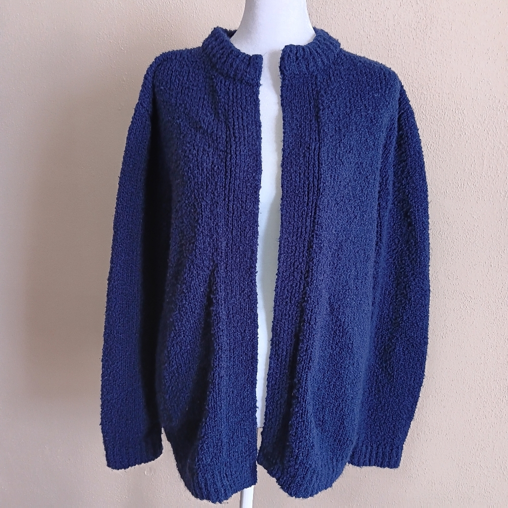 Vintage Preppy Thick Knit Navy Blue Open Front Cardigan Sweater, Academia Office